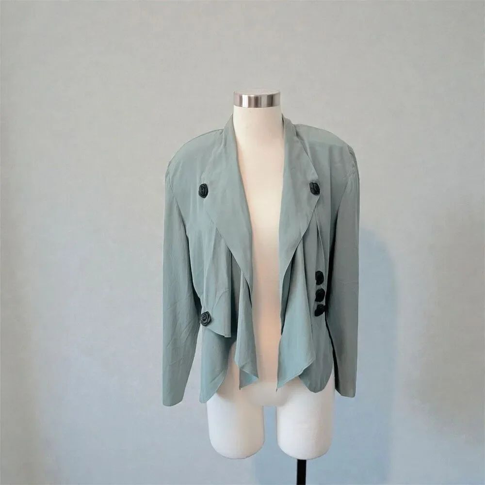 Wild Rose Western Equestrian Green Jacket Blazer Open Front Black Floral Medium